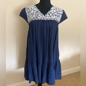 J.Marie Blue and White Embroidered Short Mini Dress Linen Floral Size XS